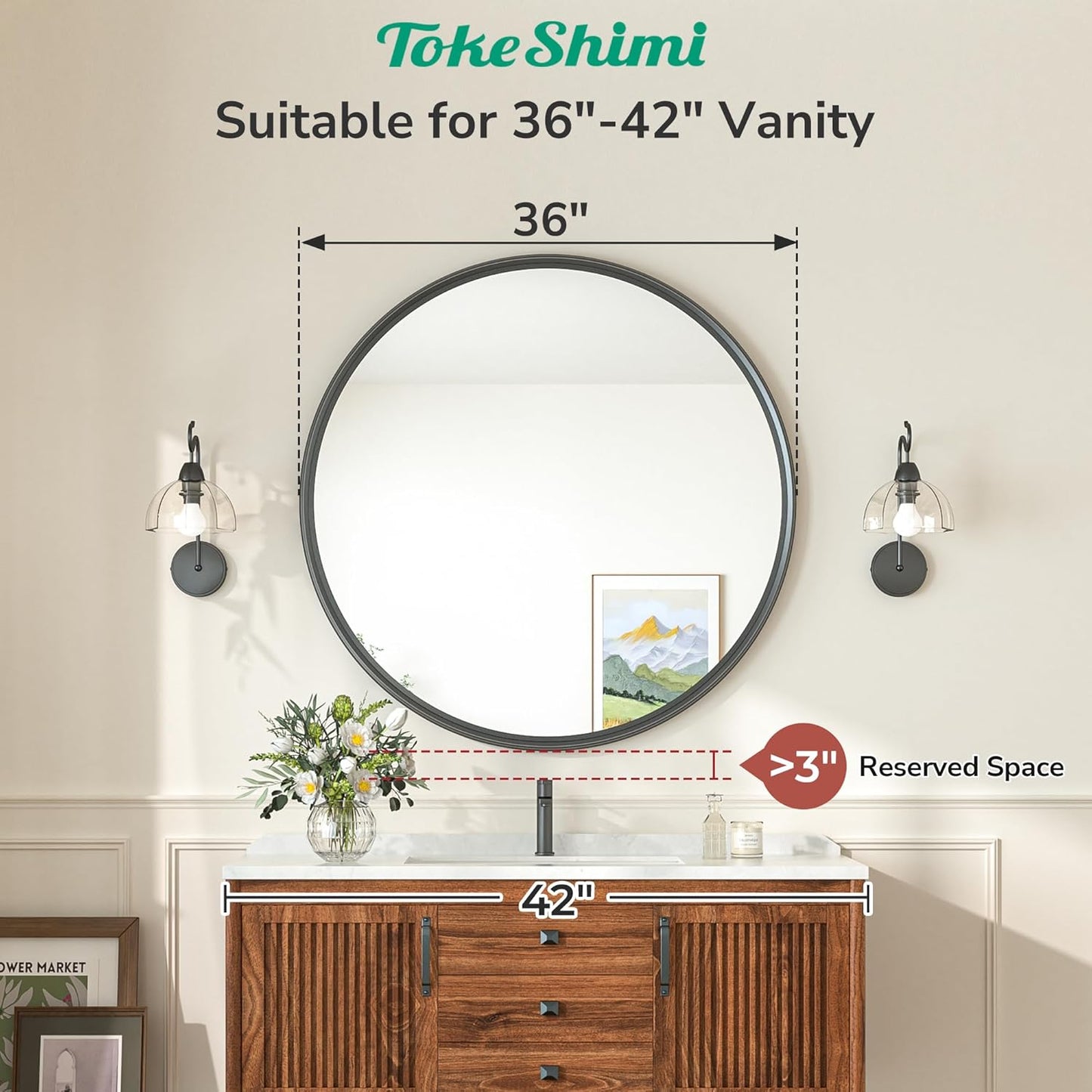TokeShimi 36 in Round Black Mirror Framed for Over Sink Tempered, Shatterproof Round Mirror, 36x36 Circle Bathroom Vanity Mirrored Farmhouse for Entryway, Bedroom, Restroom, Vanity, Living Room