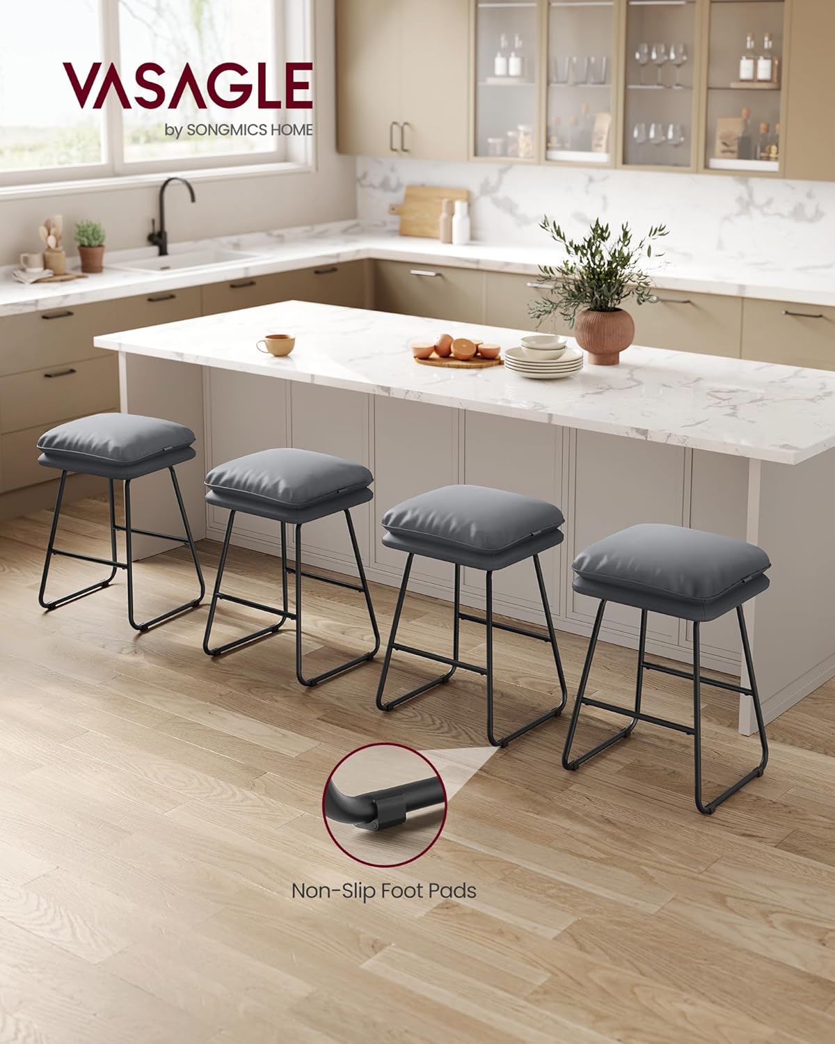 VASAGLE Bar Stools Set of 4, Counter Height Bar Stools, Leather Counter Stools Barstools with Soft Cushion and Metal Sled Legs, 25.6 Inches Bar Height Bar Chairs for Kitchen Island, Slate Gray