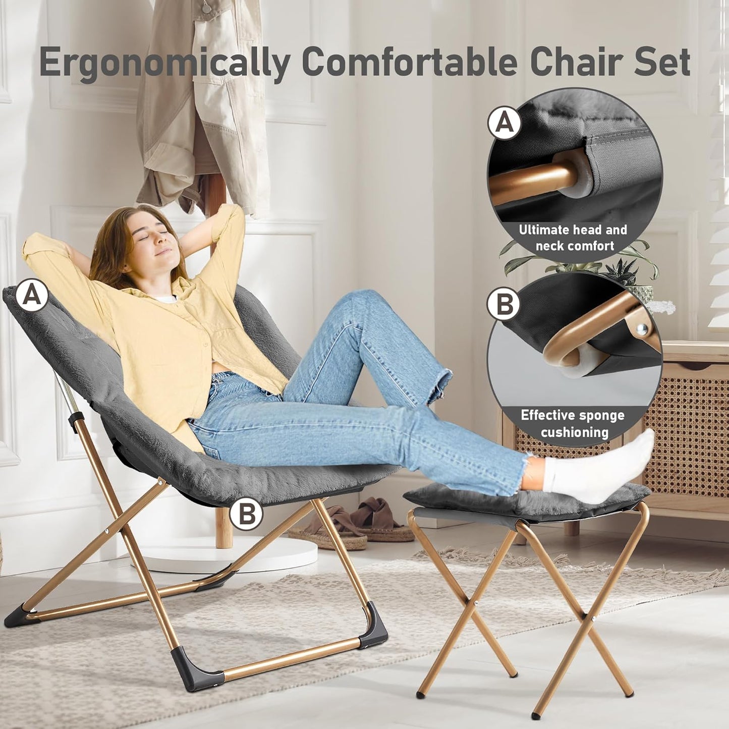 Comfy Oversized Saucer Chair with Ottoman,Soft Faux Fur Reading Lounge Chair for Adults,Stable X-Large Metal Frame and Non-Slip Pad,Cozy Chair for Bedroom, Living Room, Dorm, Dark Gray