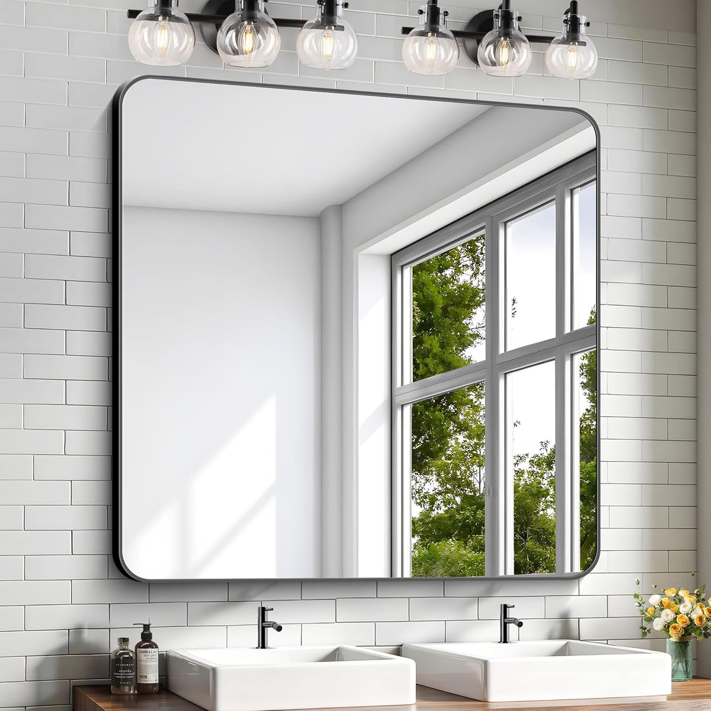 KOCUUY 42"x42" Large Square Vanity Mirror, Black Metal Frame Mirror with Rounded Corner, Modern Design of Upgraded Shatterproof Glass for Bathroom, Bedroom, Living Room, Entryway