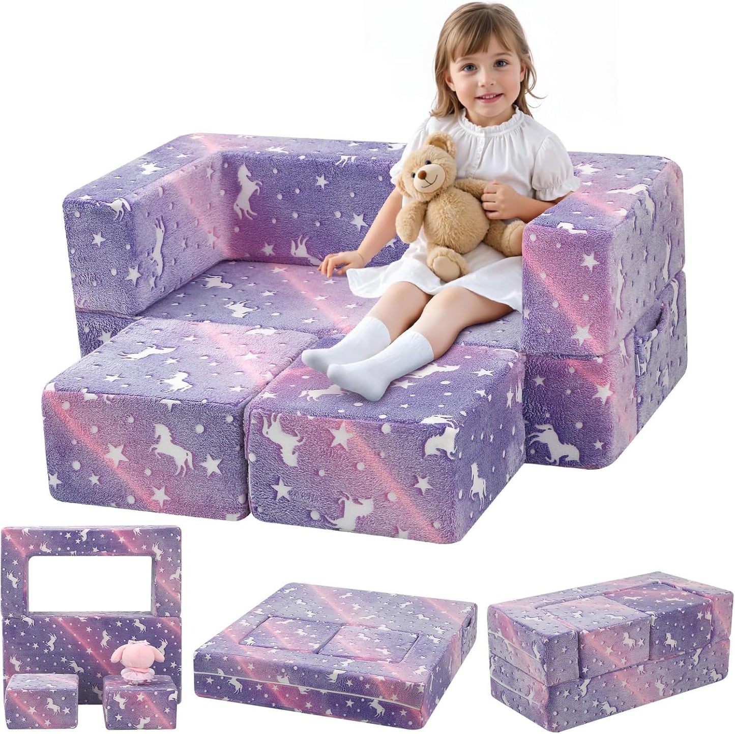MeMoreCool Unicorn Modular Kids Couch, Glow Rainbow Play Toddler Couch for Bedroom, Convertible Foam Kids Sofa Bed, Fold Out Baby Sofa for Girl Boy, Purple