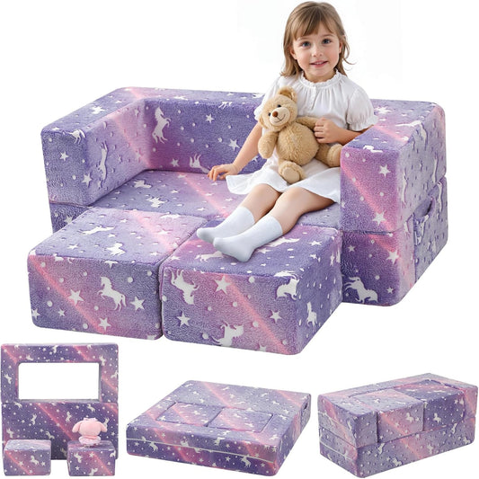MeMoreCool Unicorn Modular Kids Couch, Glow Rainbow Play Toddler Couch for Bedroom, Convertible Foam Kids Sofa Bed, Fold Out Baby Sofa for Girl Boy, Purple