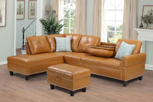 Ball & Cast 98" L Shaped Sectional Couch for Living Room with Chaise&Storage Ottoman,4 Seat Faux Leather Upholstered Modular Sectional Sofa Set 3 PCS W/Cup Holders&Coffee Table,for Home,Office,Ginger