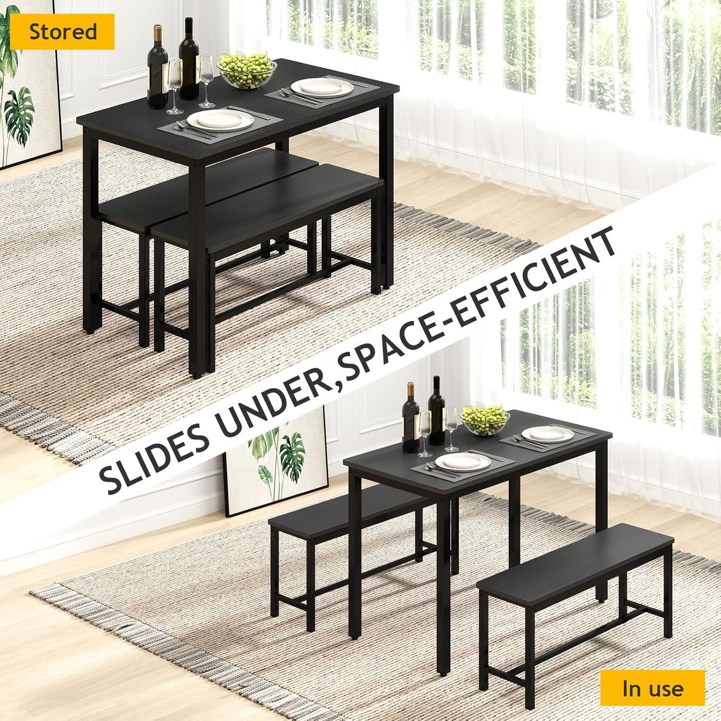 Rovibek 43" Dining Table Benches Set for 4, Modern Space Saving Kitchen Table Chairs & Adjustable Feet Breakfast Table 2 Benches, Wooden Industrial Style Farmhouse, Black