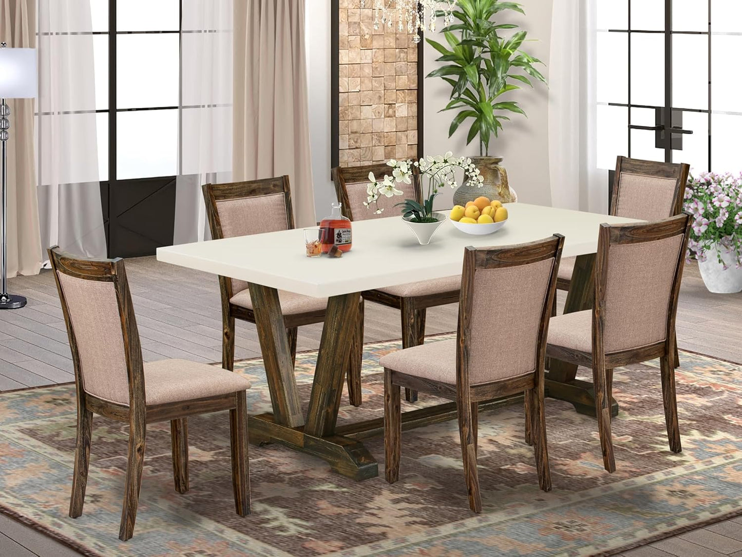 East West Furniture V727MZ716-7 7 Piece Dinette Set Consist of a Rectangle Dining Room Table with V-Legs and 6 Dark Khaki Linen Fabric Upholstered Parson Chairs, 40x72 Inch, Multi-Color
