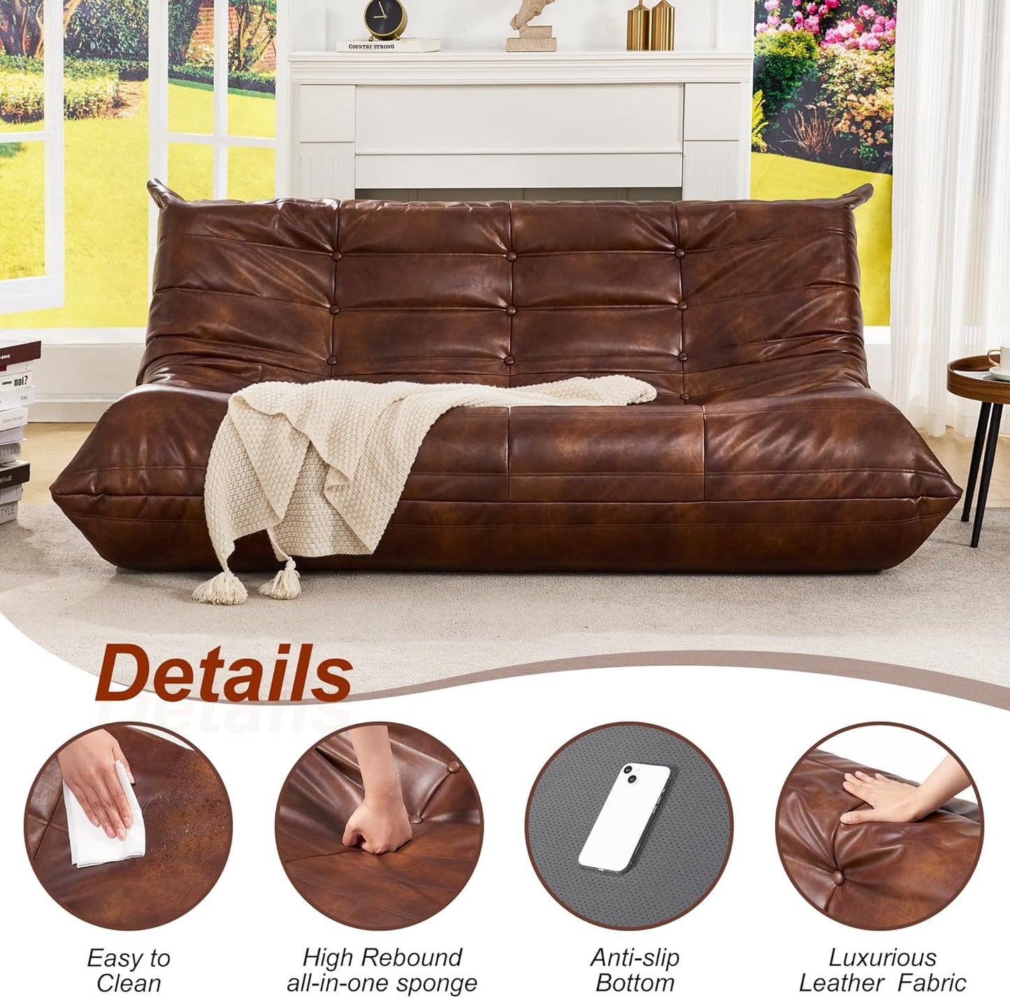 Hobestluk Bean Bag Chair Giant Bean Bag Sofa 3 Seater Bean Bag Chairs for Adults, Loveseat Floor Chair, Leather Bean Bag Chairs for Living Room Bedroom Office (Brown, 3-Seater)