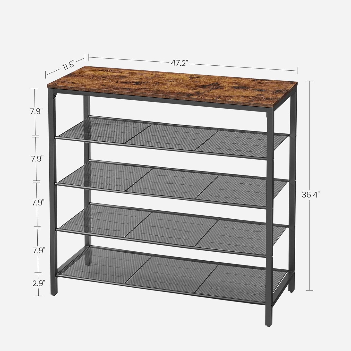 VASAGLE 5 Tier Shoe Rack for Closet, Entryway, 20-25 Pairs of Shoes, Large Shoe Organizer with 4 Metal Mesh Shelves, 11.8 x 47.2 x 36.4 Inches, Rustic Brown and Black ULBS205B01