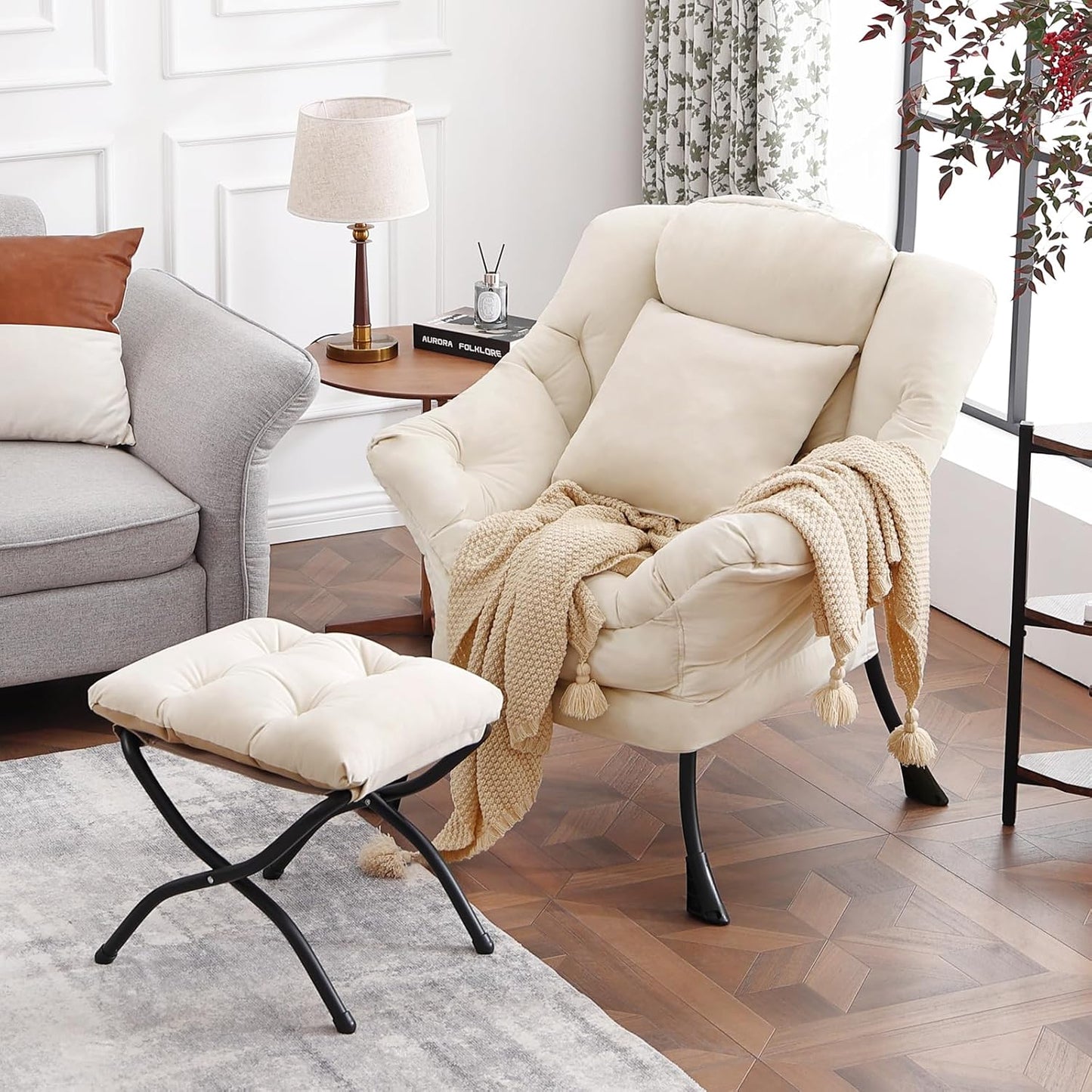 Lazy Chair with Ottoman, Modern Lounge Accent Chair with Armrests and a Throw Pillow, Leisure Sofa Chair Set, Reading Chair with Footrest for Living Room, Bedroom, Office, Velvet Ivory