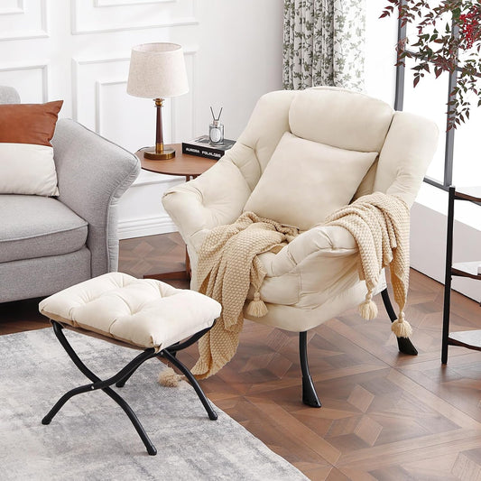 Lazy Chair with Ottoman, Modern Lounge Accent Chair with Armrests and a Throw Pillow, Leisure Sofa Chair Set, Reading Chair with Footrest for Living Room, Bedroom, Office, Velvet Ivory