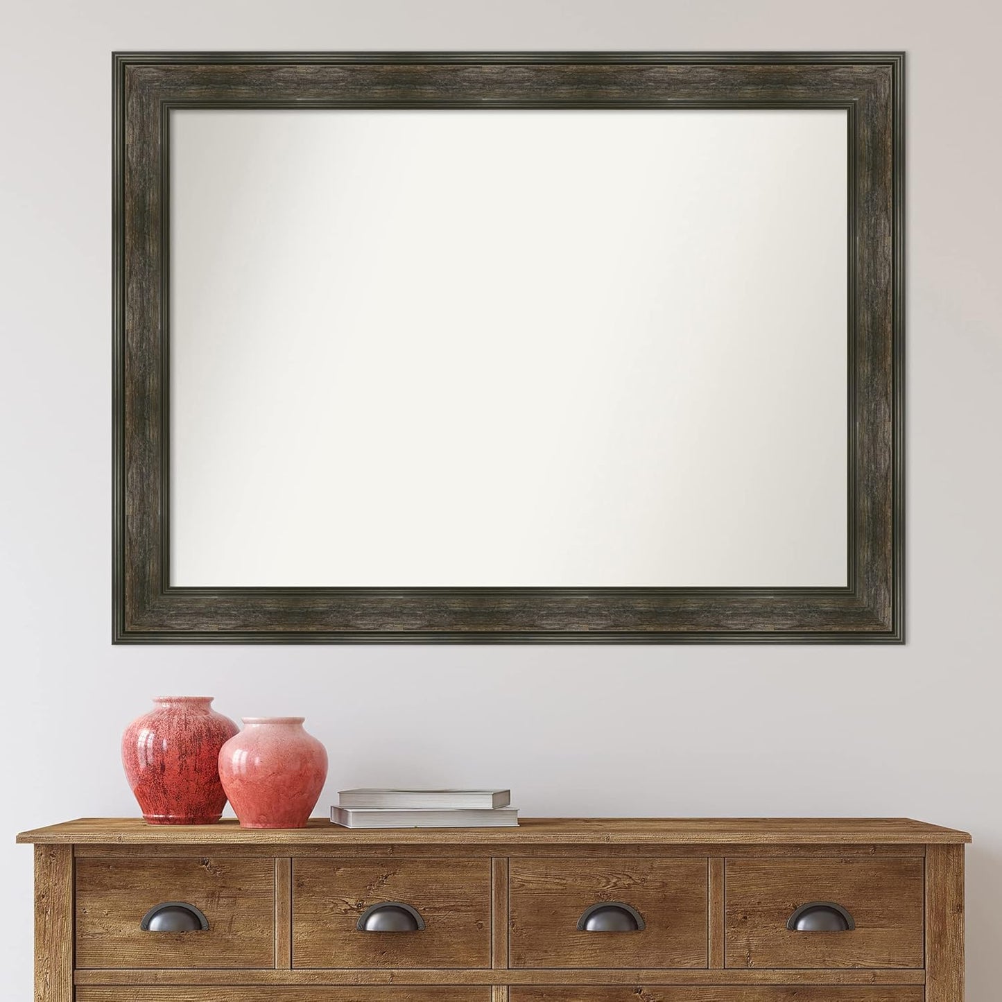 Amanti Art Brown Bathroom Mirror for Over Sink, 33x44 Rail Rustic Char Rectangle Vanity Mirror, X-Large Country Rustic Frame, Hangs Horizonally and Vertically, Bathroom Wall Decor, Non-Beveled Edge