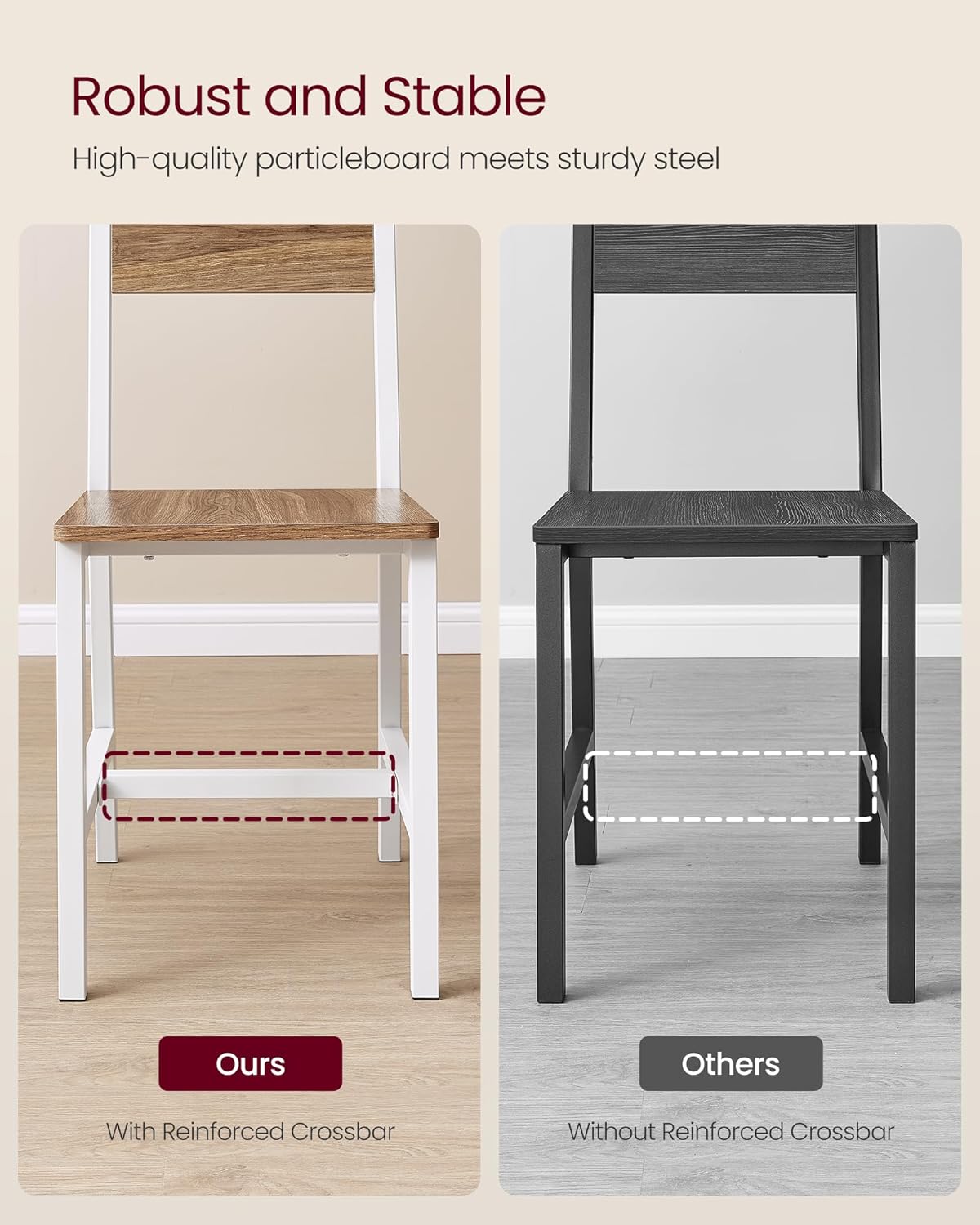 VASAGLE Dining Chair Set of 2, Rustic Wood Chairs with Metal Steel Frame, Easy to Assemble, Comfortable Seat, Modern Farmhouse Chair for Kitchen, Bedroom, Living Room, Wheat Brown and Cloud White