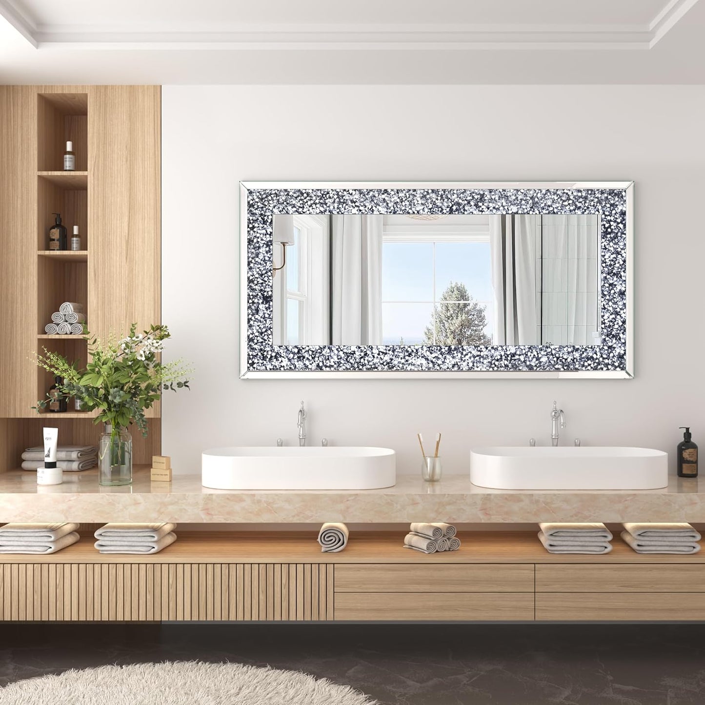 Crystal Crush Diamond Wall Mirror-47 x24 Silver Mirror, Gorgeous Rectangle Mirrors for Wall Bathroom, Bedroom, Dining Room and Living Room