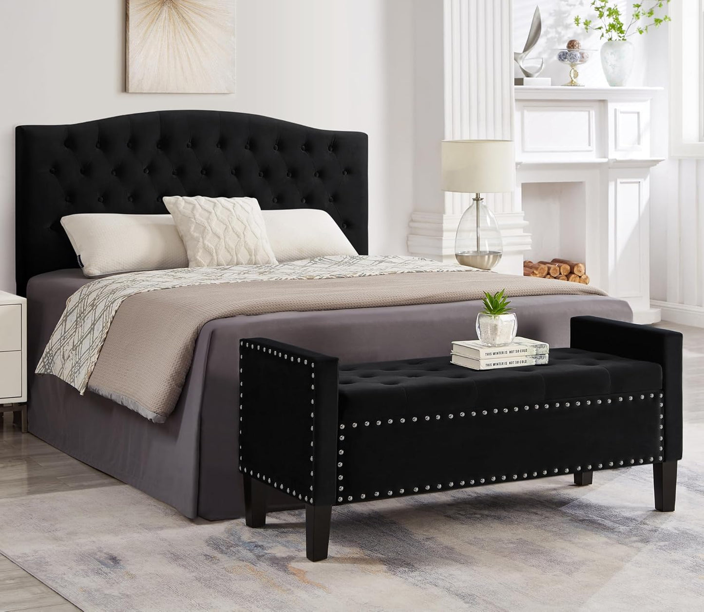 Velvet Storage Ottoman with Armrests and Nails Trim,Entryway Living Room Soft Padded Seat,Bed Bench Bedroom End of Bed,Black (48”L X 18.5” W X 22” H)