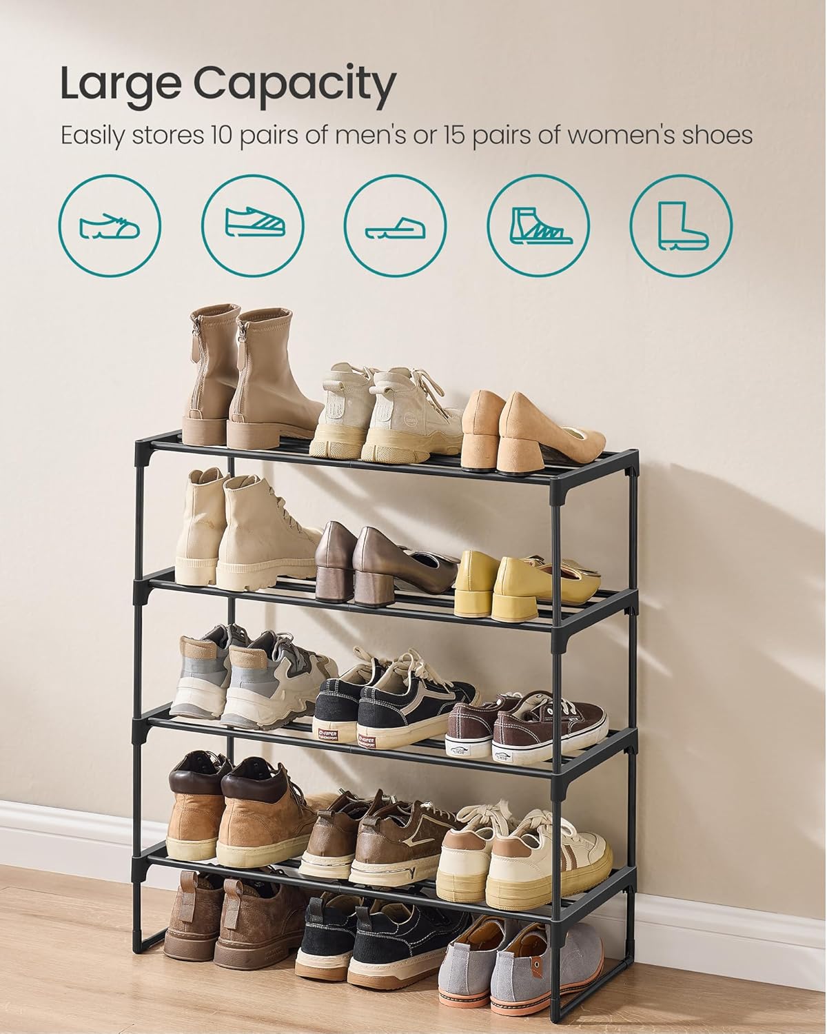 SONGMICS Shoe Rack, 4-Tier Shoe Organizer, Metal Storage Shelf, Upright or Upside Down, for 10-15 Pairs, Stackable, for Entryway, 11.8 x 26.8 x 29.5 Inches, Black ULSA204B01