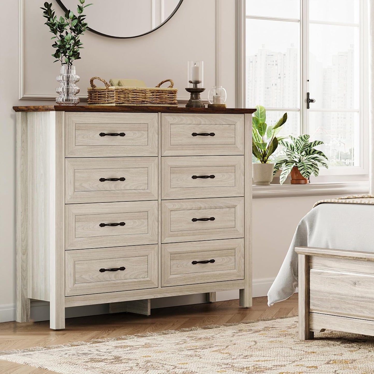 LINSY HOME 8 Drawers Dresser for Bedroom, 47" Wide Wooden Storage Chest with Antique Handles, Modern Farmhouse Dresser TV Stand with Wood Legs for Closet, Living Room, Hallway, Beige
