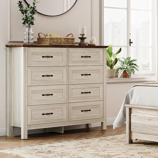 LINSY HOME 8 Drawers Dresser for Bedroom, 47" Wide Wooden Storage Chest with Antique Handles, Modern Farmhouse Dresser TV Stand with Wood Legs for Closet, Living Room, Hallway, Beige