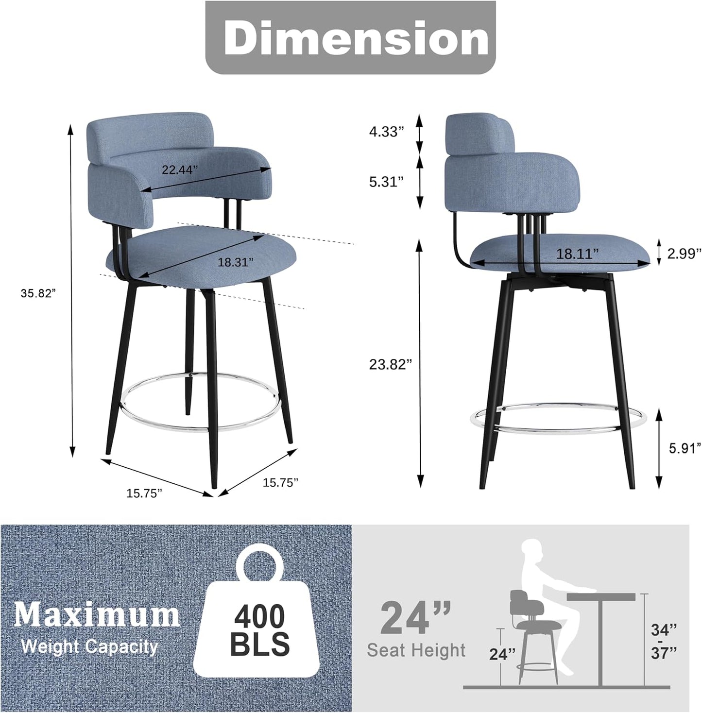 Swivel Bar Stools Set of 2, Counter Height Bar Stools with Ergonomic Full Back, Upholstered Linen Fabric Barstools with Chrome Metal Footrest for Kitchen Island, Dining Room