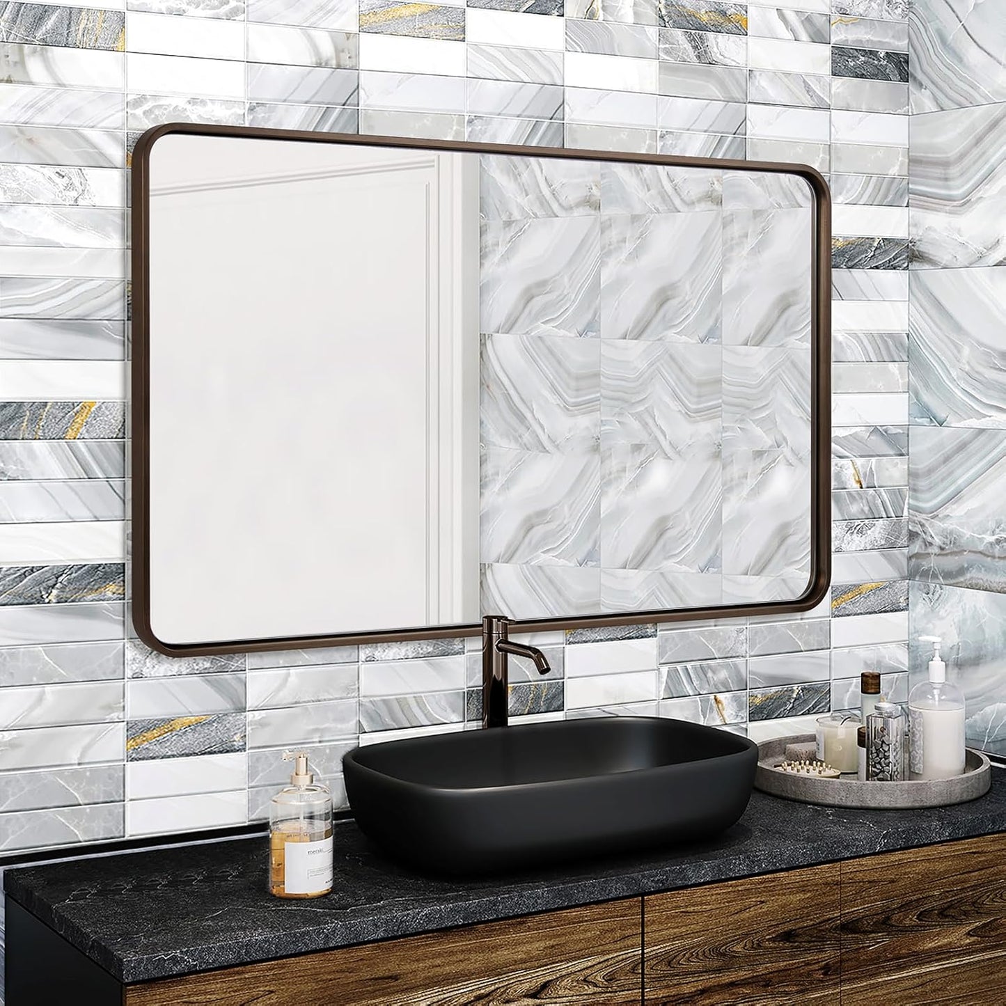 ANDY STAR 48x32 Inch Bronze Bathroom Mirror, Rounded Rectangle Oil Rubbed Bronze Mirrors for Bathroom,Tube Metal Framed, 1’’ Deep Wall Mounted Vertically/Horizontal