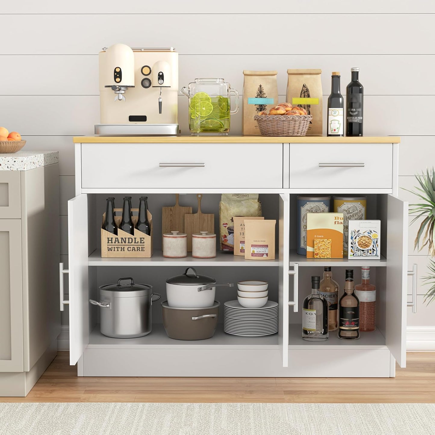 Shintenchi 3 Doors Farmhouse Sideboard Buffet Cabinet,42" Barn Doors Buffet Cabinet with Storage,Wood Coffee Bar Cabinet with Adjustable Shelf for Kitchen,Living Room,White