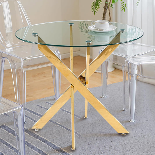 Dining Table for 4 Modern Round Dining Table 35.43" Kitchen & Dining Room Tables with Metal Legs and Glass Tabletop for Dining Room and Apartment, Gold