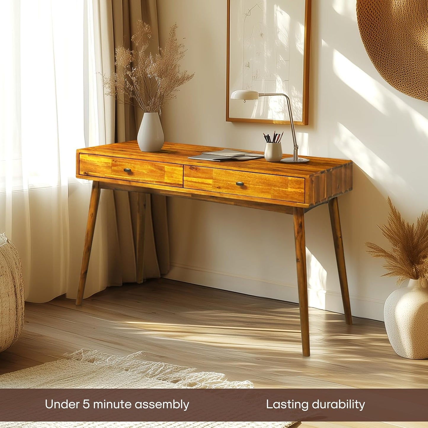 Acacia Lagom 48" Solid Wood Work Desk with Drawers, Office Furniture, Scandinavian Style Work Table for Home Office (Caramel)