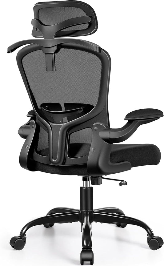 FelixKing Office Chair with Headrest, Ergonomic Desk Chair with Wheels, Task Swivel Comfy Chair with Adjustable Lumbar Support, Breathable Mesh Computer Chair with flip-up Armrests for Home (Black)
