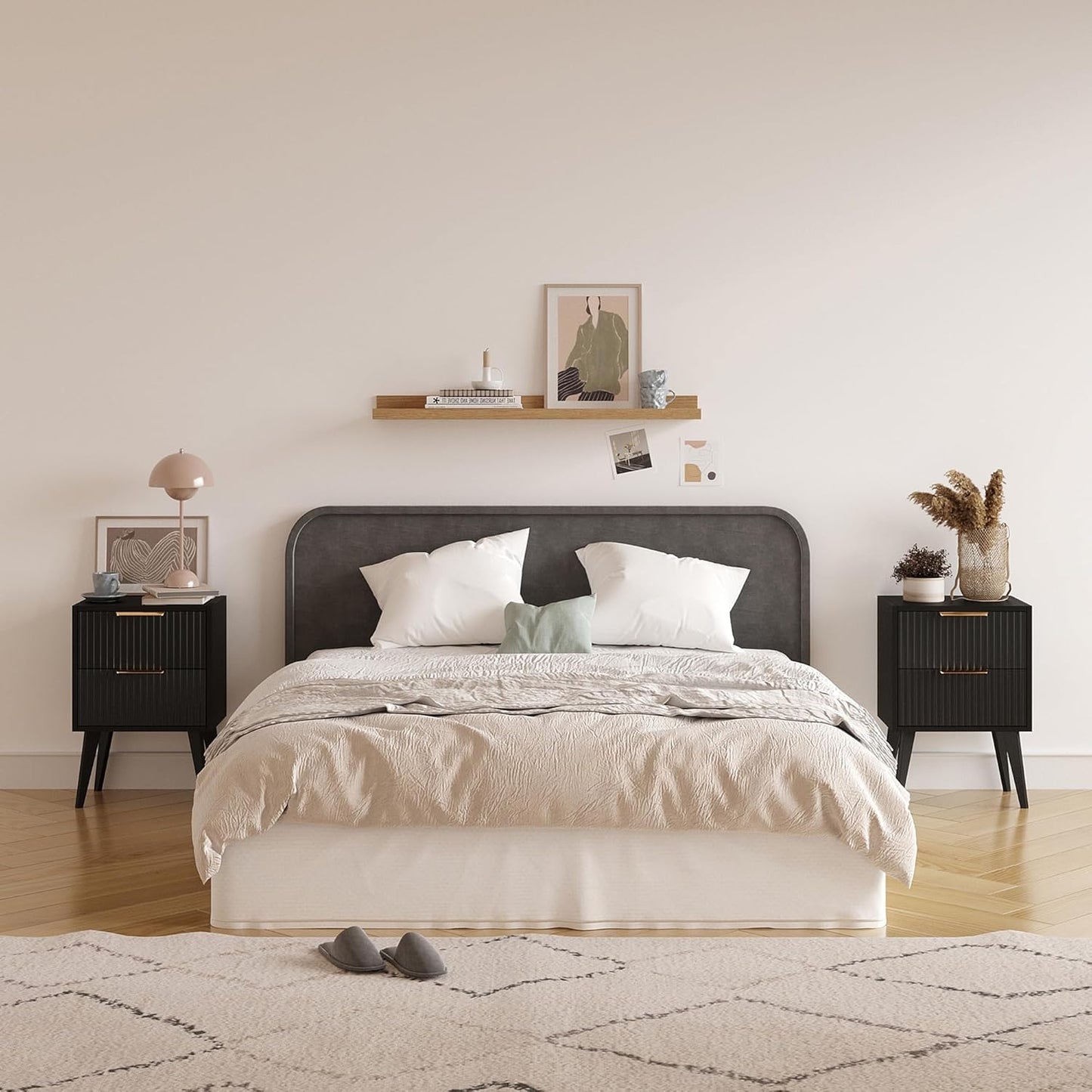 Fluted Nightstand with 2 Drawers,Modern Bedside Table with Metal Handles,White Side Table with Solid Wood Legs,Mid Century End Table for Living Room,Bedroom,Black CTG55BK