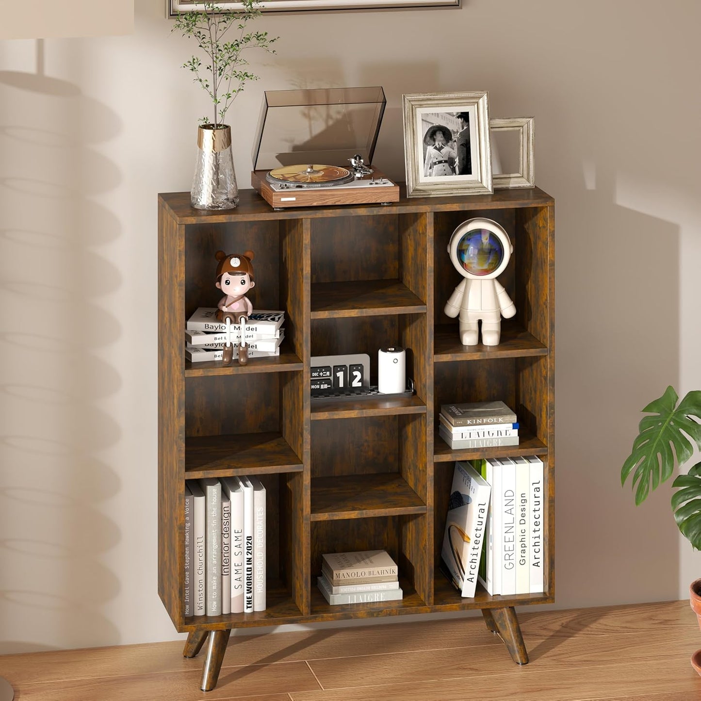 Manora Rustic Brown 10 Cube Mid Century Modern Bookshelf, Wooden Storage Organizer with Open Shelves, Retro Bookcase for Living Room, Bedroom, Home Office