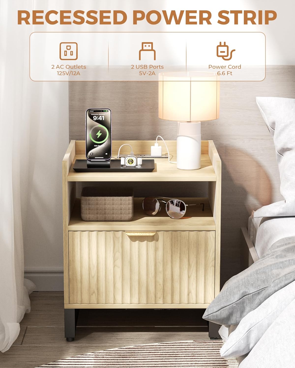 Fluted Night Stand with Charging Station, Wood Nightstand with Large Drawer and Open Storage Cabinet, Mid-Century Modern Bedside Table End Table for Bedroom Closet Office