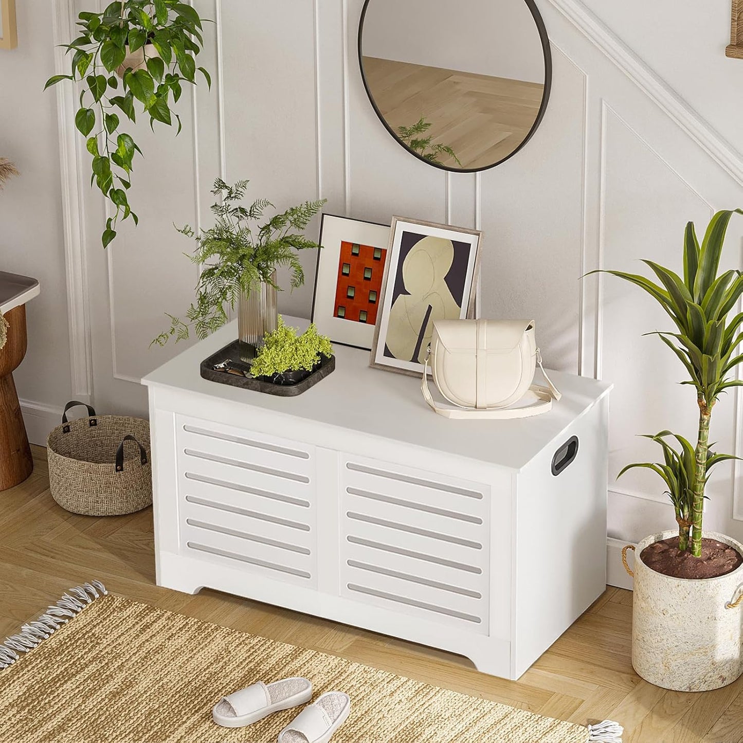 DINZI LVJ Storage Chest, Flip-Top Wooden Toy Box with 2 Safety Hinges, Retro Entryway Shoe Storage Bench, Sturdy Large Storage Trunk for Living Room, Bedroom, Easy Assembly, White