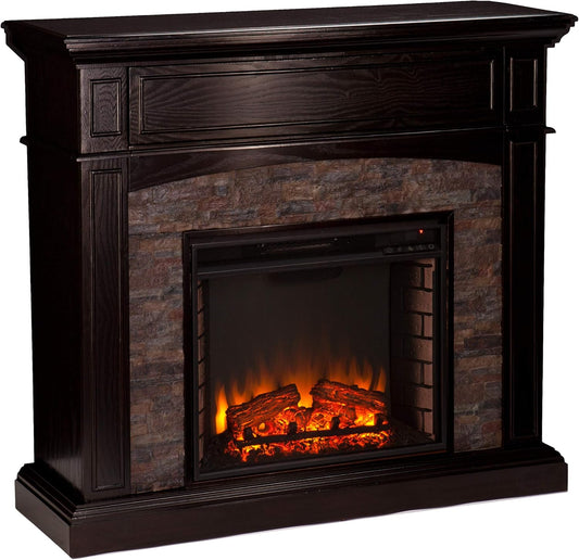SEI FURNITURE Grantham Faux Stone Corner Electric Media Fireplace, Ebony Finish.
