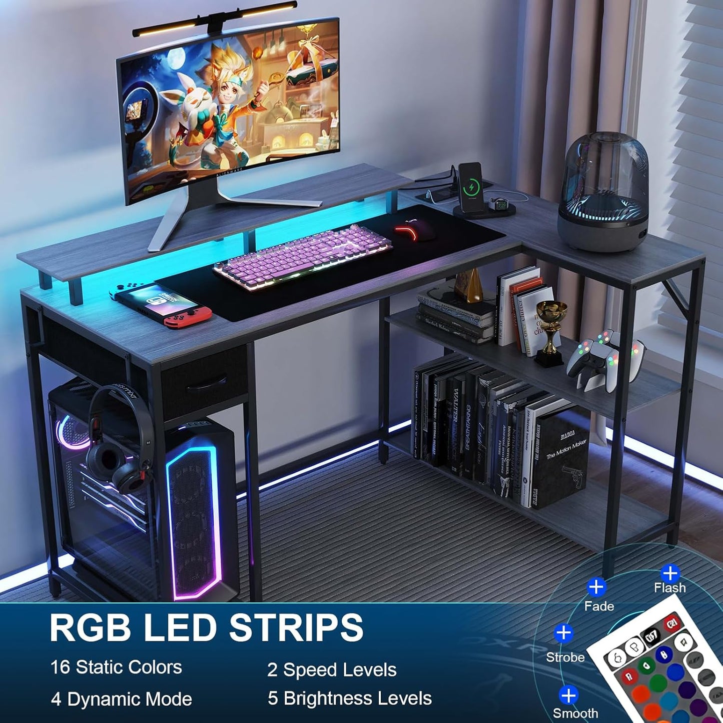 47" L Shaped Computer Desk with Power Outlet & LED Light, Gaming Desk with Hook & Monitor Stand, Reversible L Shaped Desk with Drawer and Storage Shelves for Home Office