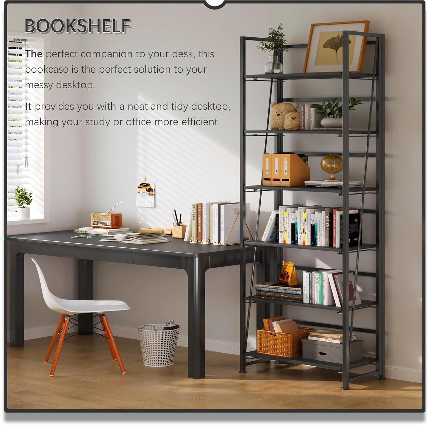 4NM No Assembly Folding Bookshelf, 6-Shelf 74" H Collapsible Foldable Bookcase Storage for Small Spaces, All Black