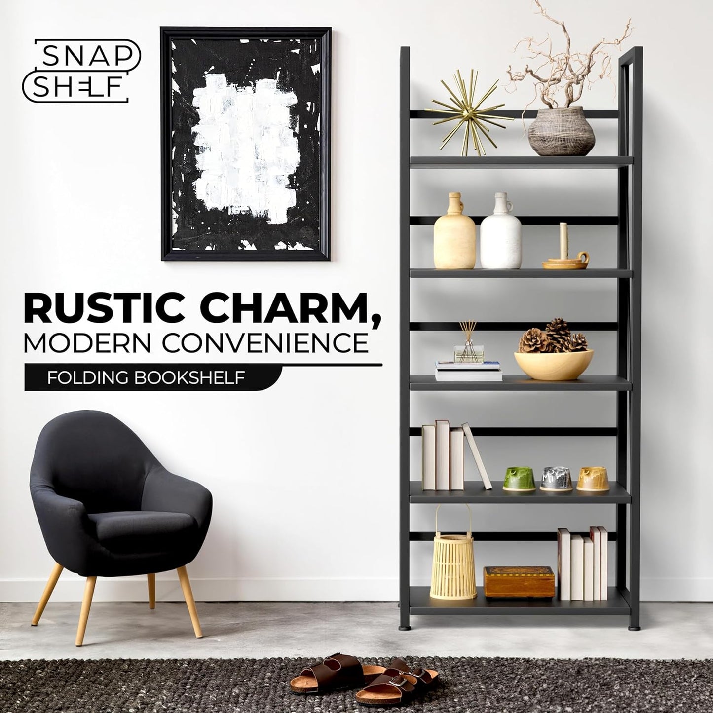 5 Tier Wood Book Shelf Organizer, No Assembly Bookshelf for Bedroom Living Room Office, Rustic Foldable Book Case, Tall Bookshelves, Open Book Shelves, Decorative Folding Shelf Display, Tall Bookcase