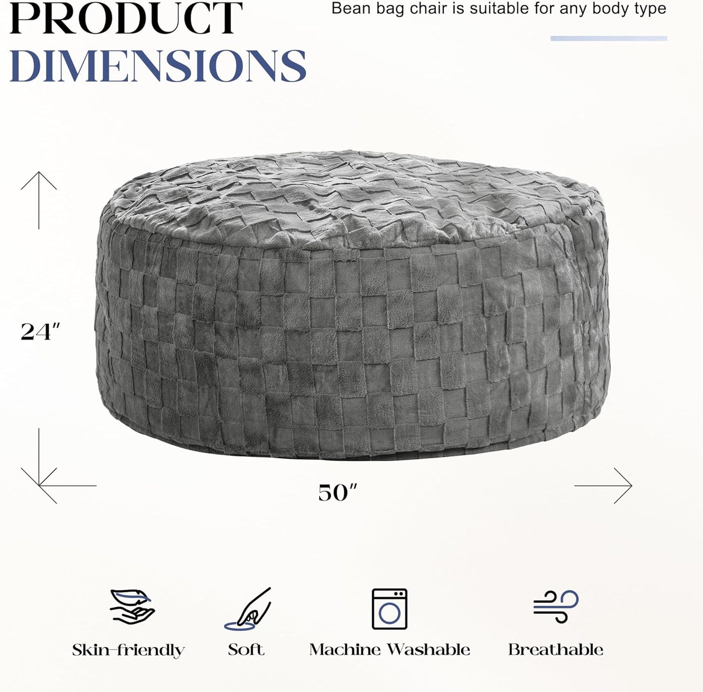 Hobestluk Bean Bag Chairs Beanbag Chair with Filler Adult Bean Bags with Fluffy Plaid Cover, Giant Bean Bag Chairs for Adults for Living Room, Bedroom (Grey, 5FT - 50” x 50” x 24”)