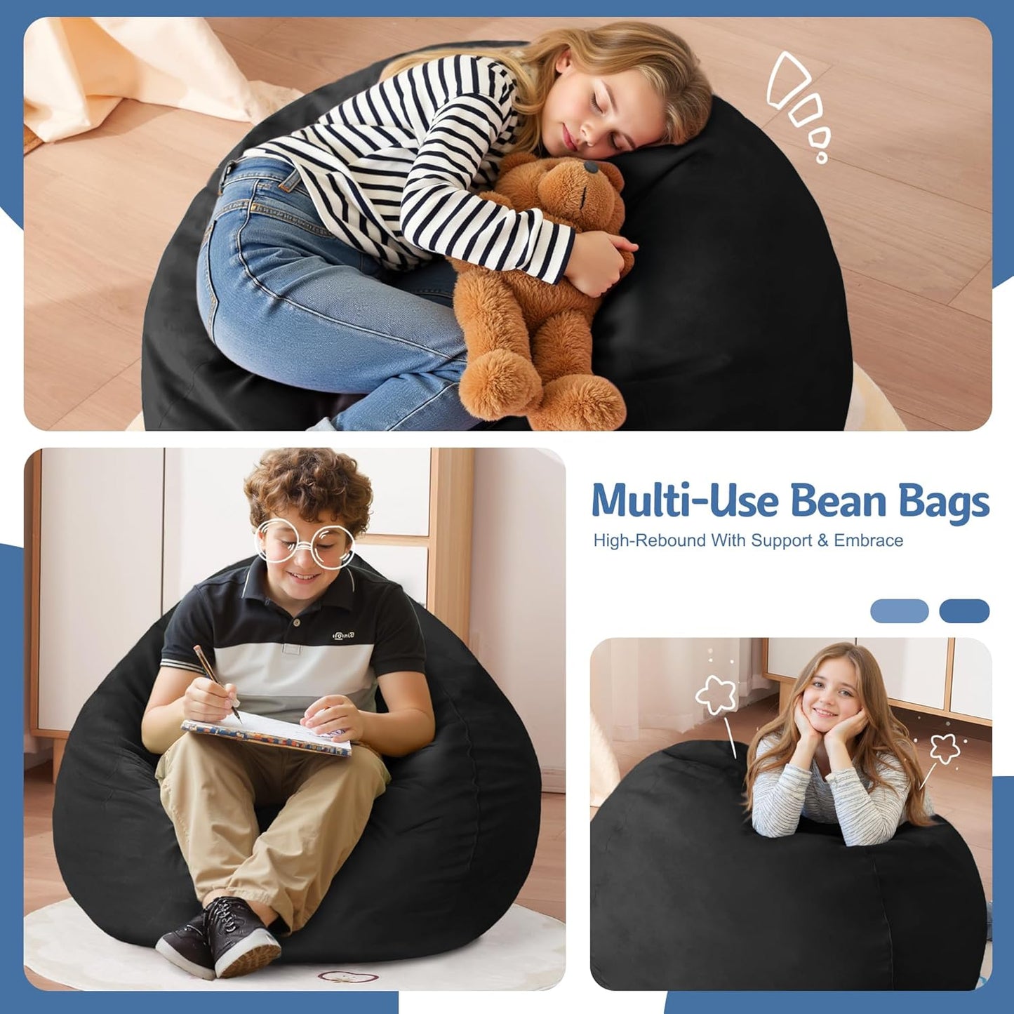 Homguava 2FT Bean Bag Chair: 2' Bean Bags with Memory Foam Filled,Comfy Beanbag Chairs Round Bean Bag Sofa with Dutch Velvet Cover-Black