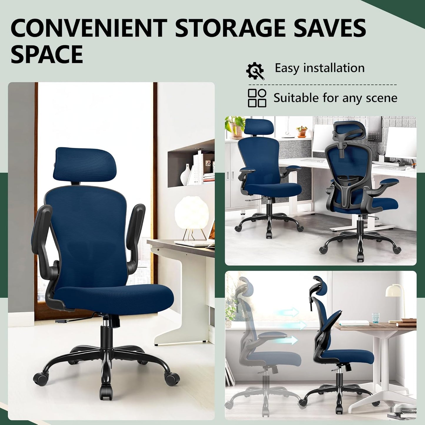 FelixKing Ergonomic Office Desk Chair with Headrest, Wheels, Adjustable Lumbar Support and Height, Swivel Comfy Task Chair with Flip-up Armrests, Ergo Mesh Backrest for Working (Navy)