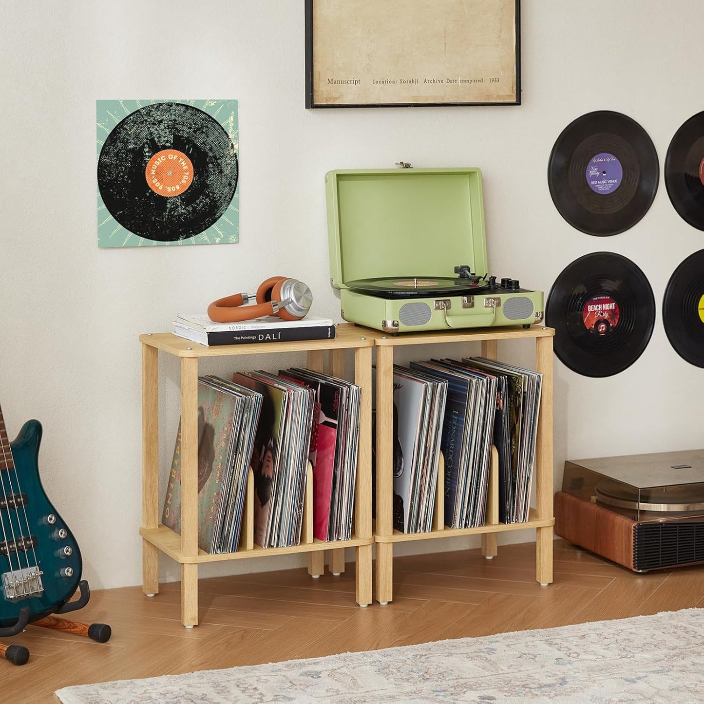 LELELINKY 2-Tier Bamboo Record Player Stand with Vinyl Record Storage up to 100 Albums, Boho Bedroom Record Holder and Multi-Functional End Table for Living Room, Natural