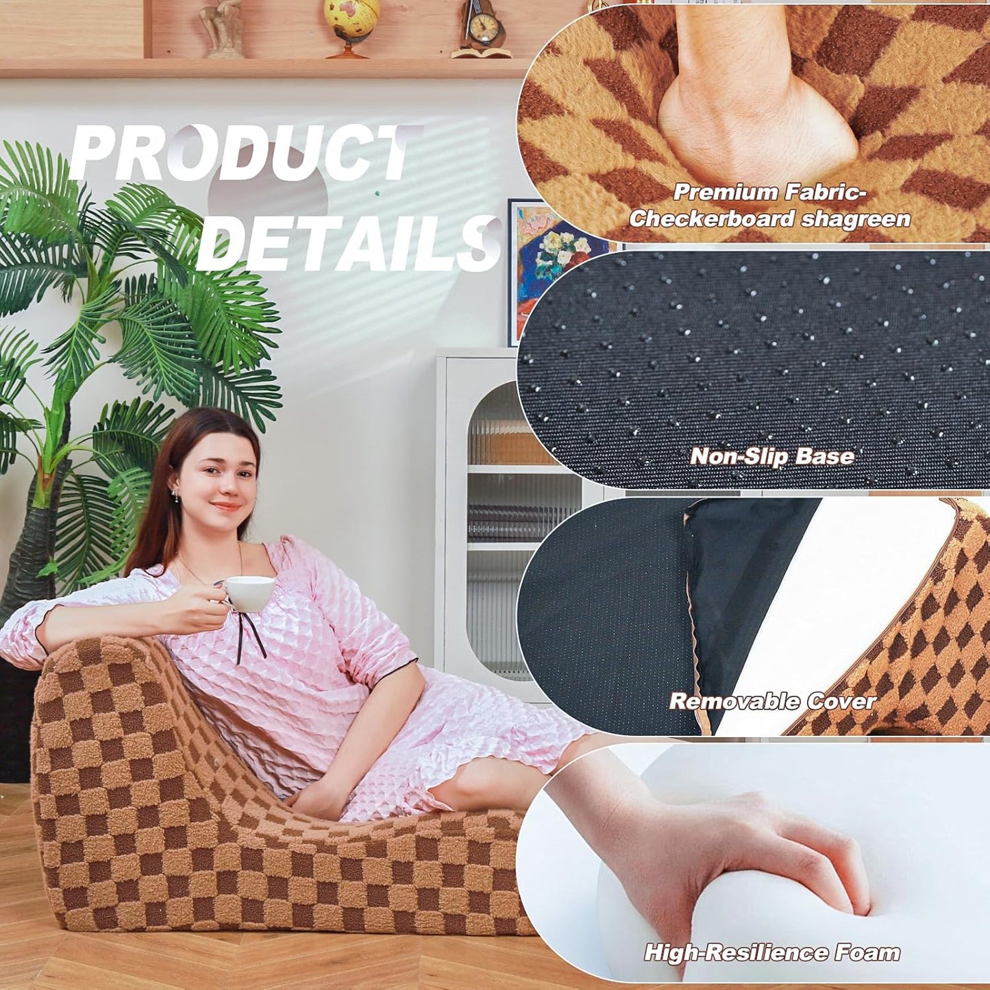 Bean Bag Chair for Adults, Folding Sofa Bed, Convertible Sleeper Lounge Chair, Full Foam Filling Comfy Floor Sofa, Folding Chair Bed for Living Room、Bedroom and Office (Brown)