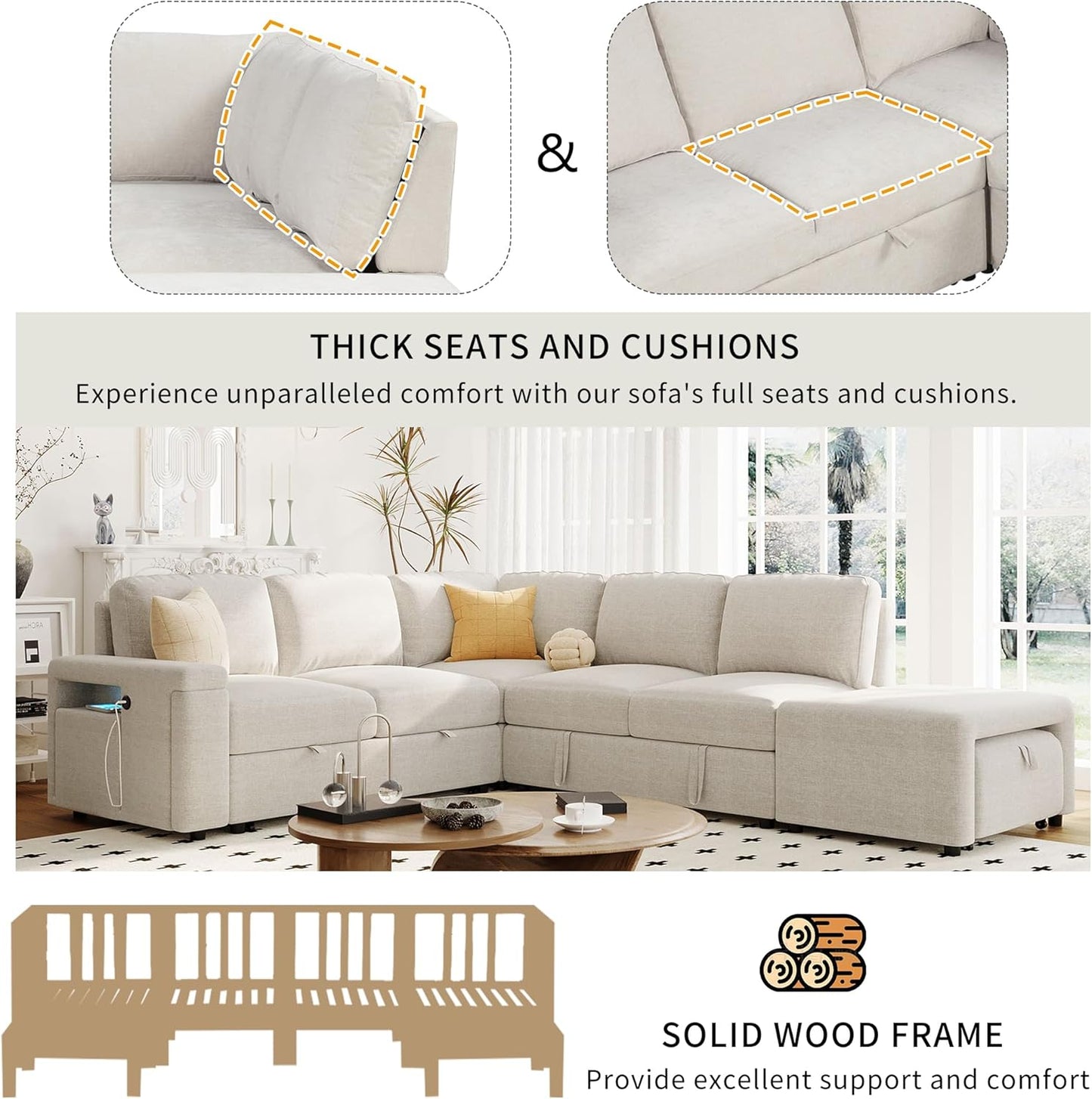 Merax L-Shaped Modular Sofa with Removable Storage Ottoman, USB Ports and Cup Holder, Upholstered Sectional Couch & Armrest, Free Combination Indoor Furniture for Living Room, Apartments, Beige