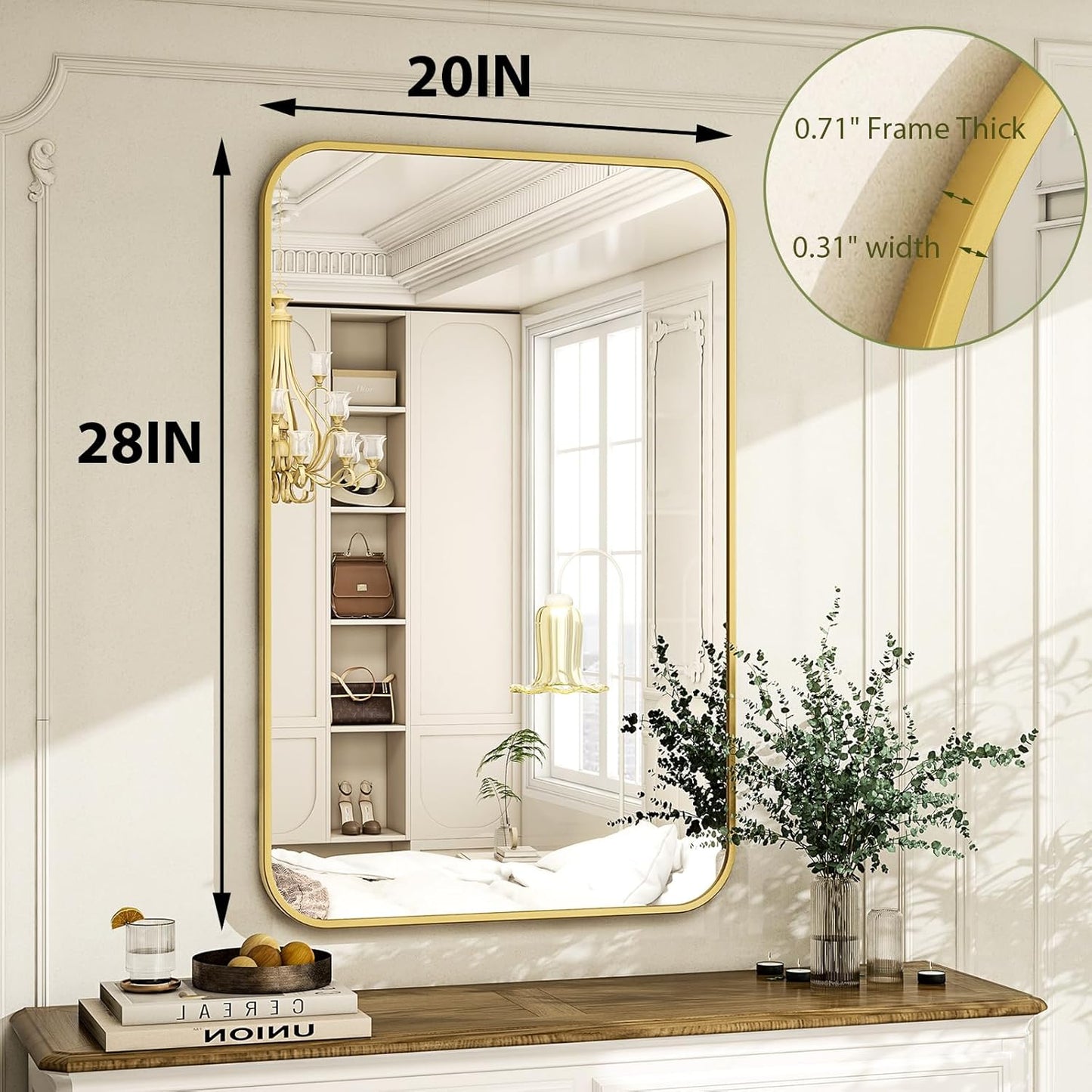 20 x 28 Inch Bathroom Mirror, Rounded Rectangular Vanity Mirror for Wall, Modern Mirror for Room Decor, Gold Framed Wall-Mounted Mirrors for Home Decor, Hangs Horizontally or Vertically