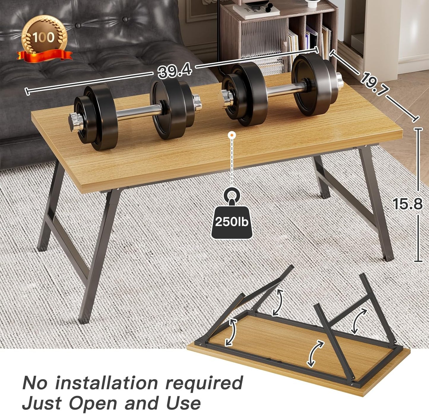 Folding Coffee Table, Portable Floor Table Desk for Sitting on The Floor, No Assembly Low Coffee Table for Living Room, Home, Caravan and Camping Use, Natural Wood, 39.4Lx19.7Wx15.8H