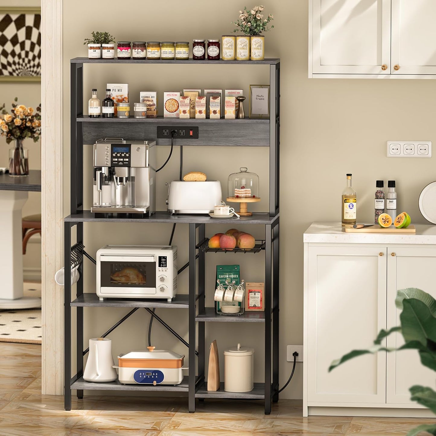 SUPERJARE Bakers Rack with Power Outlet, 35.4 Inches Coffee Bar with Wire Basket, Kitchen Microwave Stand with 6 S-Shaped Hooks, Open Storage Shelves, Charcoal Gray