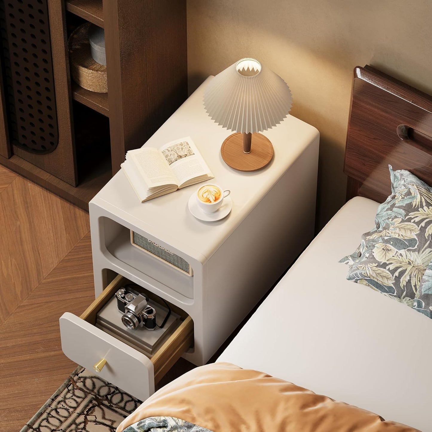 Solid Wood Nightstand, Narrow Night Stand with Drawers, White Mid Century Modern Nightstand, Small Beside Table with Open Storage Shelf for Bedroom (12 inch)