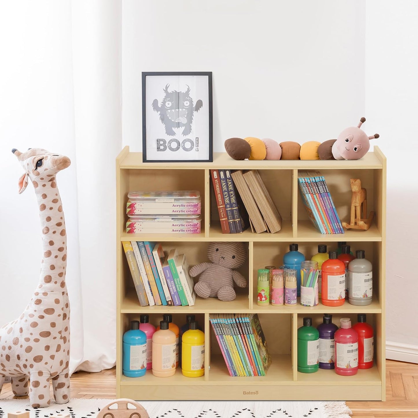 Toy Storage Organizer for Kids Room, Wooden Kids Bookshelf for Classroom, Cube Storage Organizer for Playroom, 8-Section Montessori Bookshelf & Toy Shelf for Nursery