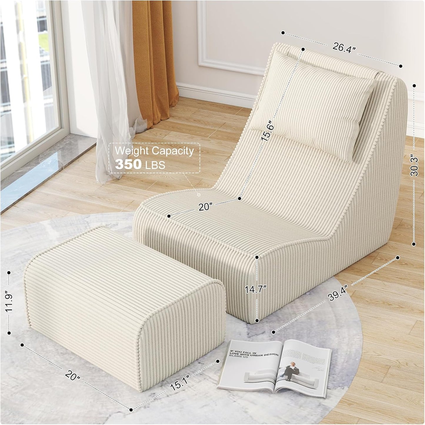 Giant Bean Bag Chair for Adults,Corduroy Chaise Lounge with Unrivaled Back Support, Detachable Neck Pillow, Comfortable Ottoman & Washable Cover for Living Room, Bedroom, Garden(White)