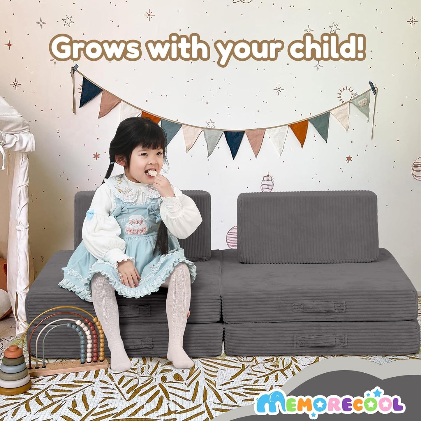 MeMoreCool Kids Couch for Playroom, Corduroy Convertible Toddler Couch, 8 Piece Modular Play Sofa, Foam Fort Building Set for Child Room Furniture, Dark Grey