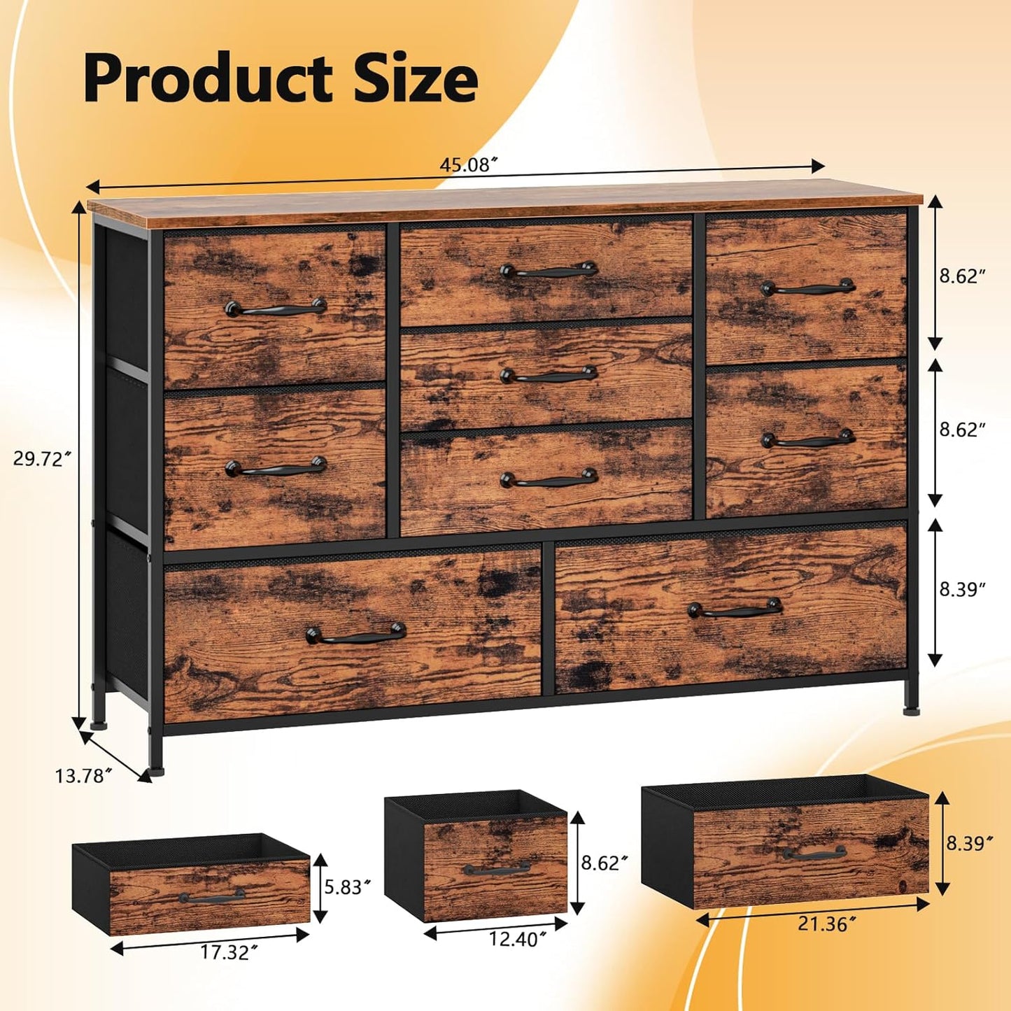 Furnulem Dresser for Bedroom with 9 Fabric Drawers for 55'' Long TV Stand Entertainment Center & Chest of Drawer, Wide Dresser Storage for Living Room, Dorm, Entryway, Sturdy Metal Frame, Rustic Brown