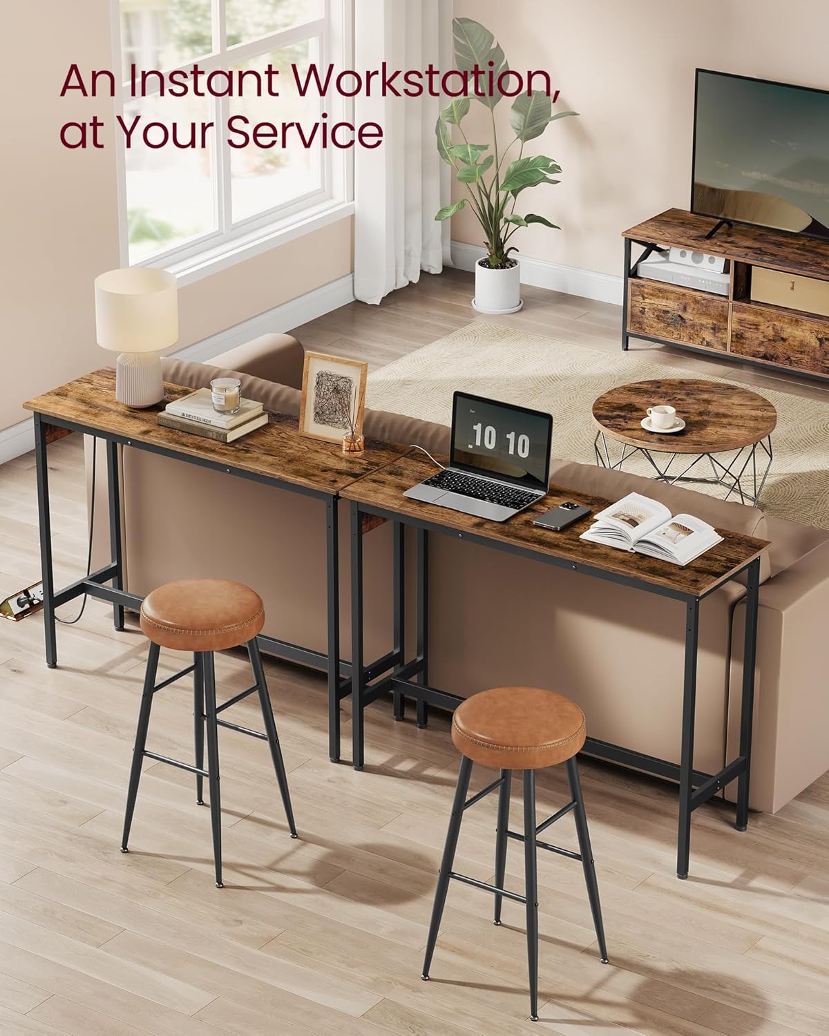 VASAGLE Bar Table, Narrow Long Kitchen Dining Table with Charging Station, Sturdy Metal Frame, Industrial, 15.7 x 47.2 x 35.4 Inches, Rustic Brown and Ink Black ULBT121K01