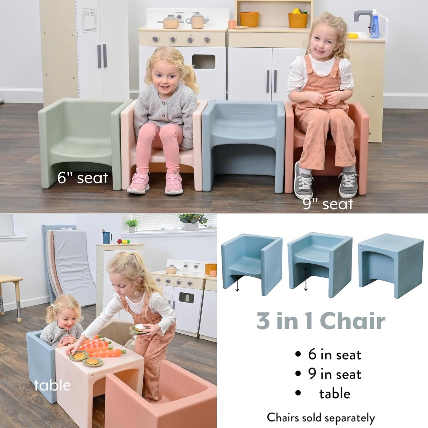 Children's Factory 3-in-1 Cube Chair for Kids, Flexible Seating Classroom Furniture, 1-Pack, Fog Blue